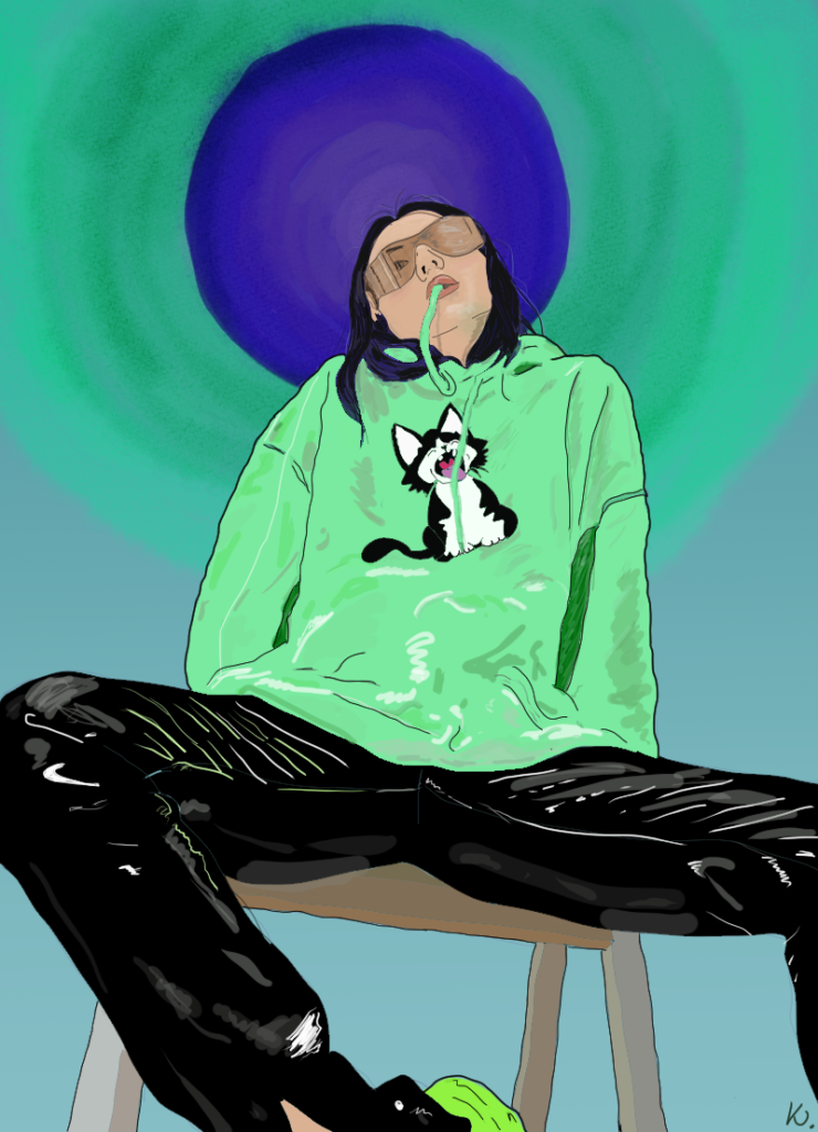 Woman in a green sweater Violette scribbles