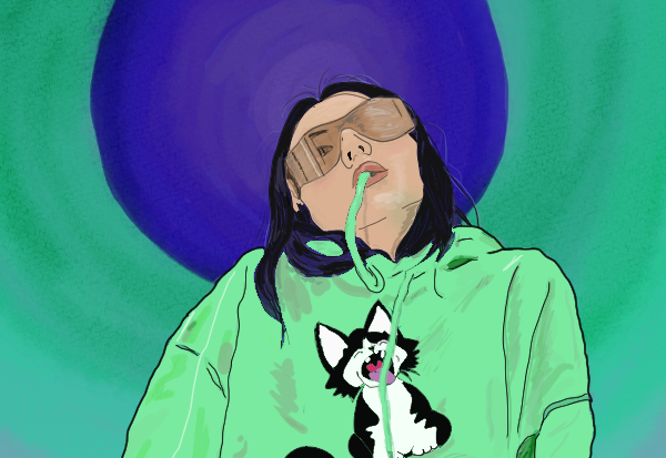 Drawing of a woman in a green sweater cropped