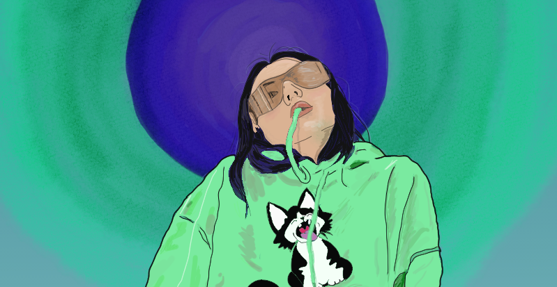 Drawing of a woman in a green sweater cropped